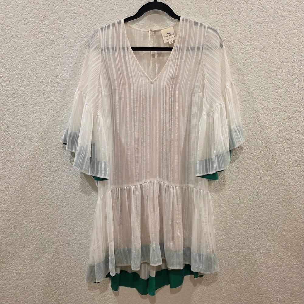 Tracy Reese Anthropologie White Metallic Stripe Bell Sleeve Dress Sz SP Fairy